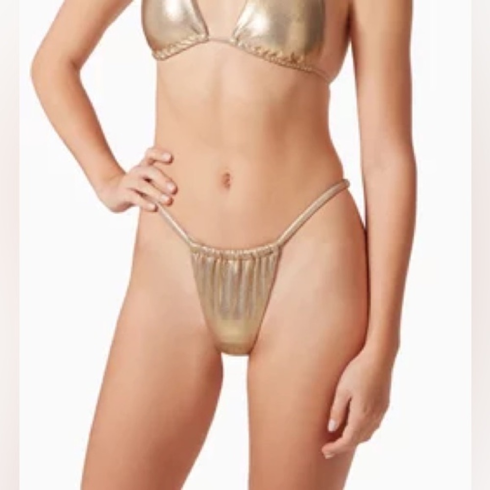 GOOD AMERICAN Metallic Gold Foil String‎ Bikini Bottom Medium Brazilian Cheeky